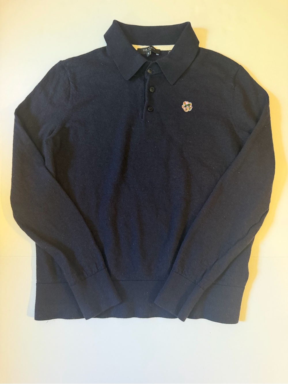 Ted Baker London Navy Button-Down Knit Top with Embroidered Badge 100% Wool